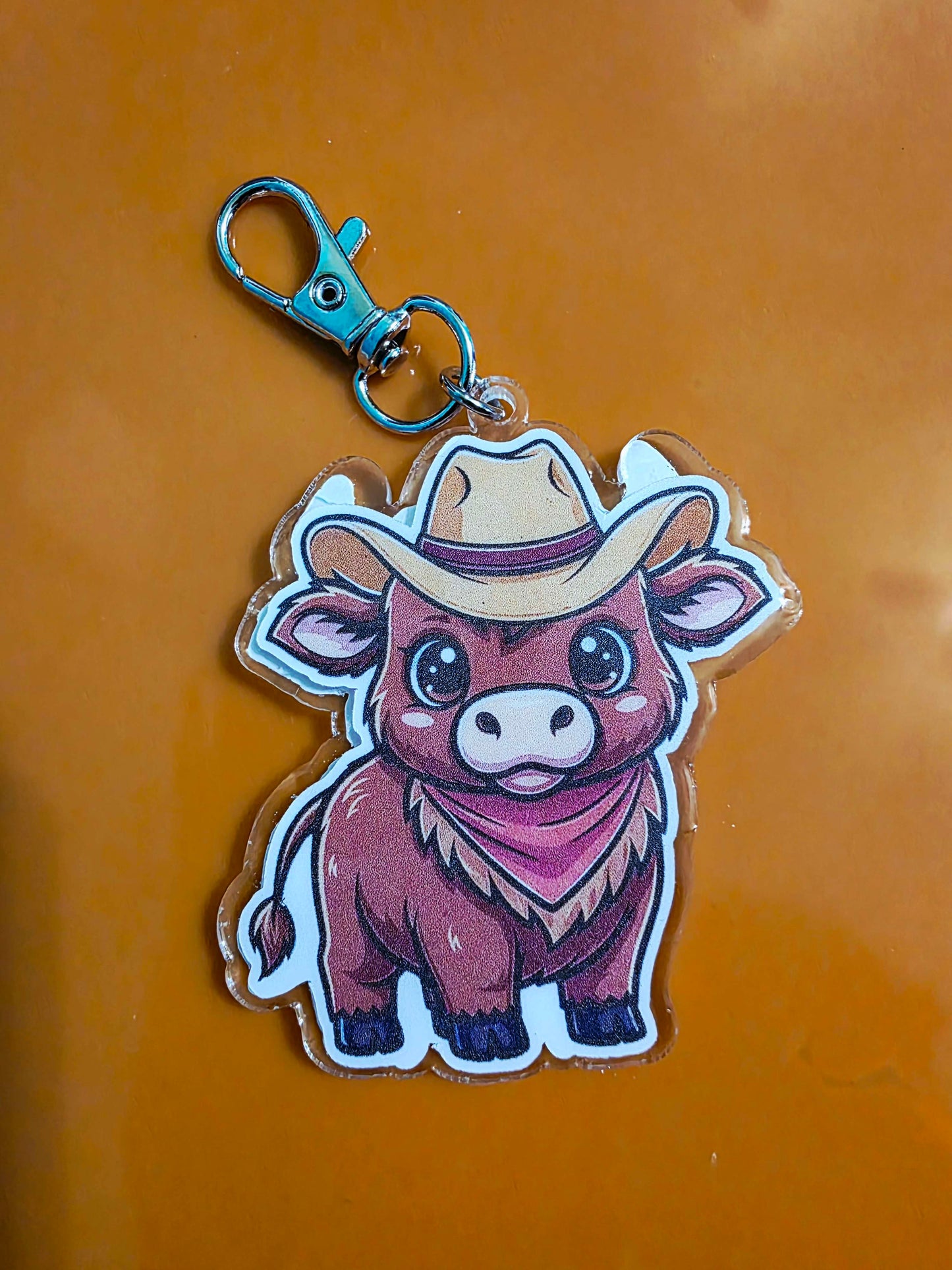 Clear Acrylic Keychains: Cowboy Cow
